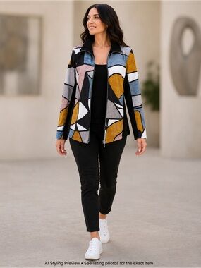 Dolcezza Art Print Zip Front Jacket Medium Abstract Stretch Pockets